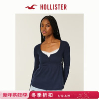 HOLLISTER小海鸥图案25秋冬新款亨利领长袖内搭T恤女装339-5348 海军蓝