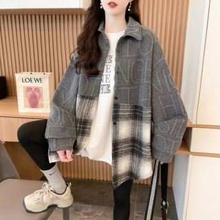 AEMAPE 宽松格子拼接 深灰色加绒加厚 2XL 女士夹克