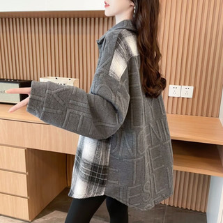 AEMAPE 宽松格子拼接 深灰色加绒加厚 2XL 女士夹克