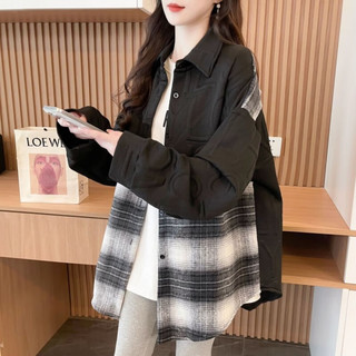 AEMAPE 宽松格子拼接 深灰色加绒加厚 2XL 女士夹克