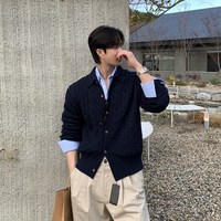 碧舍男士毛衣休闲宽松复古外套韩版潮流高级感麻花纹针织开衫