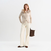 范思蓝恩简约通勤圆领长袖针织衫女冬季2025带毛领开衫4156 燕麦色 S
