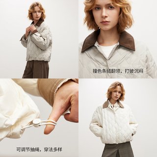 ONLY2025冬季复古条绒撞色翻领抽绳下摆保暖白鸭绒羽绒服女
