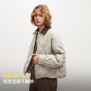 ONLY2025冬季复古条绒撞色翻领抽绳下摆保暖白鸭绒羽绒服女