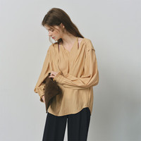 范思蓝恩 法式挂脖假两件V领肌理感衬衫女秋季2025衬衣3265 焦糖色 S
