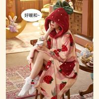 宝娜斯睡衣软绵珊瑚绒保暖睡衣女秋季加厚暖暖绒家居服上衣睡袍 草莓睡袍 均码 【适合80-155】