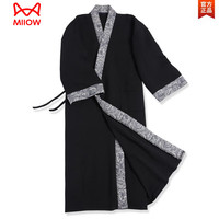 猫人(MiiOW)秋冬古风长袍中国风汉服睡袍加长禅服睡衣家居服宽松大码拼色舒适 黑色(二) 海浪拼色加厚长袍 XL 135厘米加长款