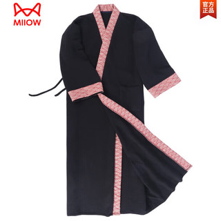 猫人（MiiOW）秋冬古风长袍中国风汉服睡袍加长禅服睡衣家居服宽松大码拼色舒适 黑色(二) 海浪拼色加厚长袍 XL 135厘米加长款