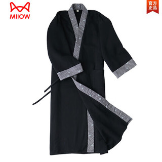 猫人（MiiOW）秋冬古风长袍中国风汉服睡袍加长禅服睡衣家居服宽松大码拼色舒适 黑色(二) 海浪拼色加厚长袍 XL 135厘米加长款