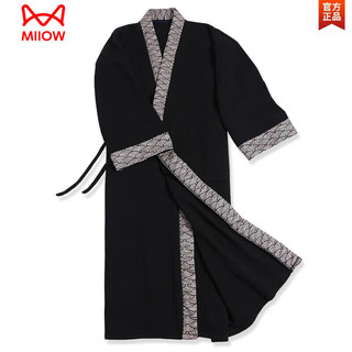 猫人（MiiOW）秋冬古风长袍中国风汉服睡袍加长禅服睡衣家居服宽松大码拼色舒适 黑色(二) 海浪拼色加厚长袍 XL 135厘米加长款