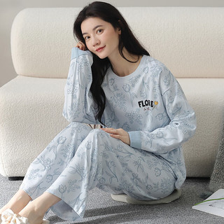 芬腾睡衣女纯棉秋优雅花卉套头休闲外穿长袖家居服套装 浅蓝 XL