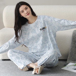 芬腾睡衣女纯棉秋优雅花卉套头休闲外穿长袖家居服套装 浅蓝 XL