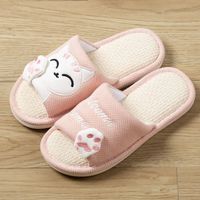 惠夫人 亚麻拖鞋女室内家居家用四季防滑布艺软底棉麻木地板男春秋季 招财猫亚麻拖