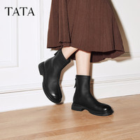 他她（TATA）加绒靴子女2025黑色时装靴法式切尔西靴厚底复古短靴CE701DZ5 黑色（单里） 39