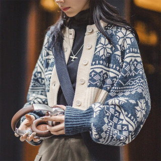 马登 提花针织衫圆领短款毛衣外套女士春秋季上衣