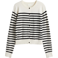 H&M女装2024秋季针织衫舒适慵懒舒适空调衫短款开衫0579541 白色/黑色条纹 155/76