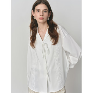 范思蓝恩 法式气质通勤蕾丝花边衬衫女2025秋绑带设计上衣3177 白色 M