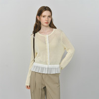 范思蓝恩下摆拼网纱针织开衫女秋季2025长袖薄款圆领上衣3282 香草黄 S