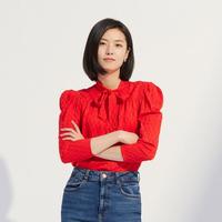 Sandro 冬季法式气质提花泡泡袖长袖红色蝴蝶结衬衫上衣婚宴宴会偏小一码