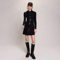 maje 冬季女士气质修身小香风时尚皮料拼接长袖针织连衣裙短裙