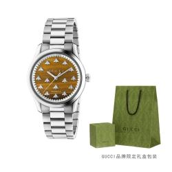 GUCCI 小蜜蜂系列 情侣机械手表 38mm 棕色虎眼石表盘 50米防水