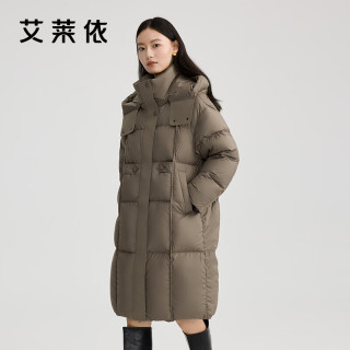 艾莱依（ERAL）羽绒服女士泡芙感软糯中长款羽绒服极简百搭保暖大衣鸭绒宽松外套 炭黑-升级款 S 155【80-110斤】
