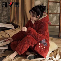雅鹿睡衣女冬季珊瑚绒三层夹新疆棉加绒加厚韩版可爱法兰绒保暖家居服 草莓酒红色【三层夹棉加厚套装】 XL 【120-140斤】