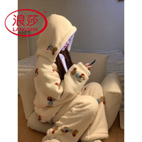 浪莎(LangSha)软糯可爱腊肠狗连帽珊瑚绒睡衣女冬款加绒加厚家居服大码套装冬季 图色套装加厚版 M (95~110斤)