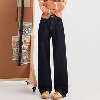 丹宁蓝原色窄版直筒牛仔裤女2025春秋小个子高腰阔腿裤深蓝色