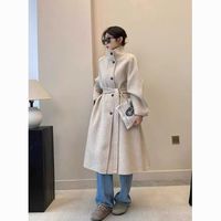 燕麦色潮流双面羊绒大衣女中长款立领收腰小个子慵懒羊毛呢外套