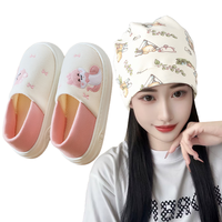 果月子鞋帽秋冬季薄款拖鞋包跟防滑软底产妇帽产后防风护额头 萌熊封顶帽+【网眼】萌蛇送福粉 鞋子尺码M（38-39）