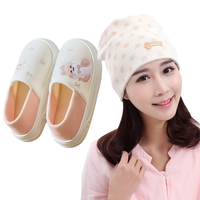 果月子鞋帽秋冬季薄款拖鞋包跟防滑软底产妇帽产后防风护额头 彩棉小象鞋帽组合 鞋子尺码M（38-39）