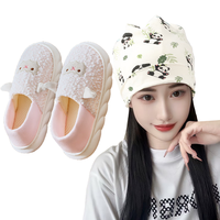 果月子鞋帽秋冬季薄款拖鞋包跟防滑软底产妇帽产后防风护额头 熊猫封顶帽+【网眼款】粉色羊驼 鞋子尺码S（36-37）