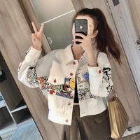 矜持范牛仔外套女ins潮个性涂鸦工装夹克宽松韩版学院风炸街外套女短款 白色