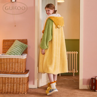 果壳（Gukoo）睡衣女冬季厚款保暖可爱小熊连帽睡袍女士家居服睡袍可外穿D 鹅黄睡袍 M