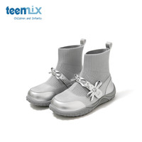 天美意 童鞋2025年春秋小女孩蝴蝶结公主靴女童百搭中大童袜靴 银色 30