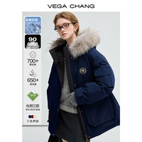 VEGA CHANG 秋冬通勤风三防羽绒服女冬貉子毛工装派克服外套 深藏蓝(安心绒含毛领) S
