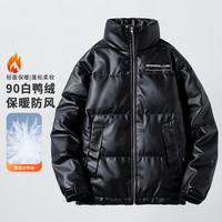 迈途 立领冬季短款90白鸭绒皮衣夹克保暖运动外套潮外套PU皮羽绒服 黑色 4XL