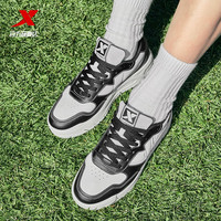 移动端、京东百亿补贴：特步 板鞋男2025年夏季拼接撞色潮流百搭厚底增高休闲鞋 帆白/黑-男款（0006） 39