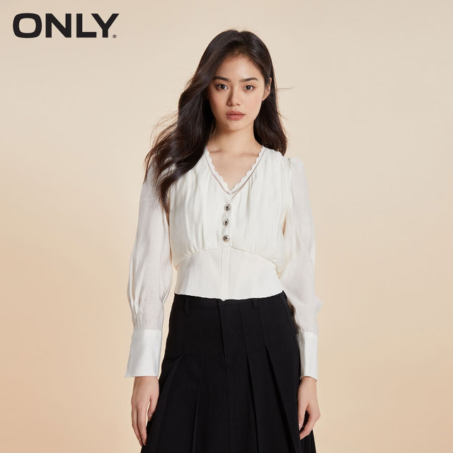 ONLY 秋季气质V领泡泡袖雪纺衫 123451001