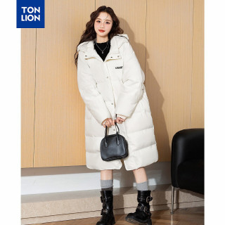 唐狮 女左胸印花连帽长款羽绒服 本白 S