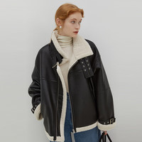 fano studios范洛Fano 皮毛一体短外套女加绒加厚冬宽松设计感机车服夹克 黑色 XS