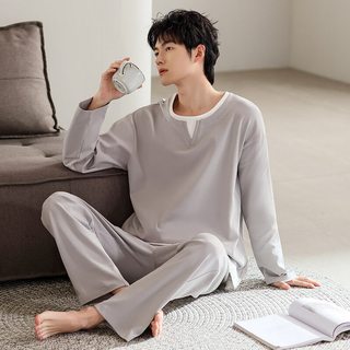 俞兆林男士睡衣夏季冰丝薄款长袖长裤春秋天男款大码可外穿家居服套装 NSJYI-47 XL 男-（120-140斤）