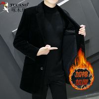 啄木鸟高档毛呢大衣男中长款冬季加棉外套男商务休闲呢子风衣外套