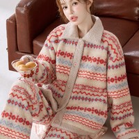 雅鹿暖绒甜美可爱家居服可外穿加绒加厚法兰绒睡衣女宽松珊瑚绒 NSJLY-KS285秋霜红方领费尔岛女 L (100-120斤)