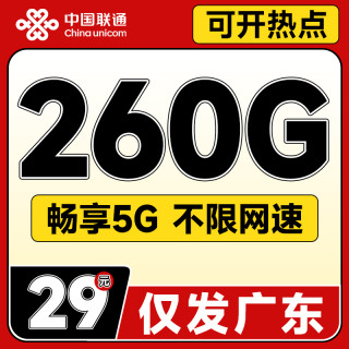 中国联通 广东本省套餐 29元月租（260G全国流量+畅享5G+不限网速）粤福卡