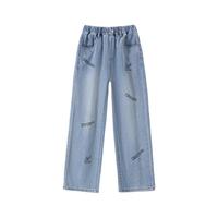 Kappa Kids卡帕女童夏装牛仔裤2024夏季时髦童装直筒裤薄款休闲裤儿童裤子 浅蓝色  120