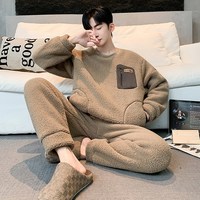 羊羔绒睡衣男士秋冬季青少年加厚款加绒珊瑚绒保暖家居服大码套装 170(L)
