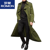 罗蒙(ROMON)男士长款风衣欧美男装长款风衣时尚风衣休闲外男士 绿色 XL