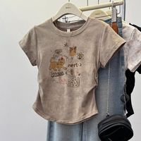 纯棉正肩圆领扎染短袖修身设计夏季T恤短款显瘦印花t恤女上衣